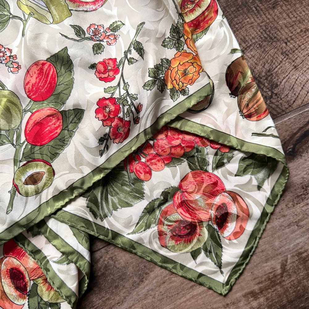 Vintage Italian Silk Fruit Botanical Jacquard Damask Scarf, Green Multi, 34" - Picture 2 of 5